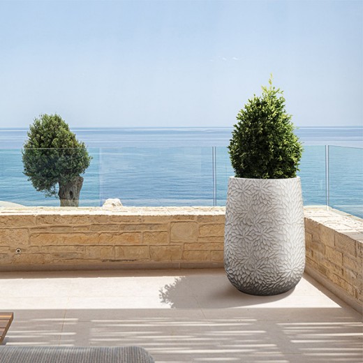 RCW-4019 round tapered GFRC patio planter showing its curved sidewall and wide planting opening